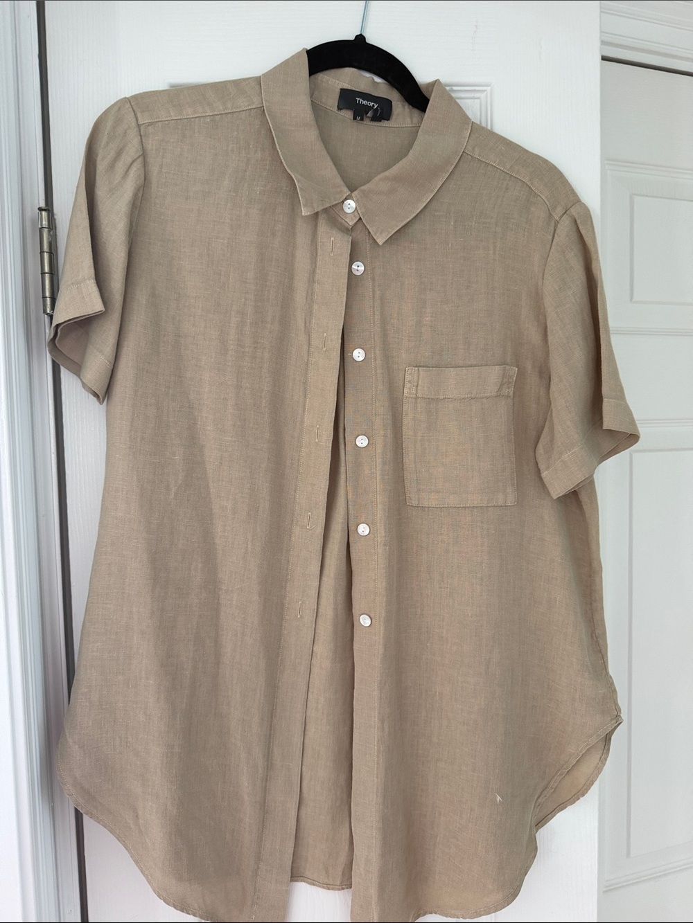 Theory Beige Short-Sleeve Linen Button-Front Blouse
